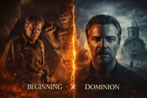 エクソシスト前日譚2作品を象徴するビジュアル。洞窟と悪魔像の前に立つ神父と、荒廃した教会を背にした神父の顔が稲妻で左右に分かれて描かれている比較イメージ。