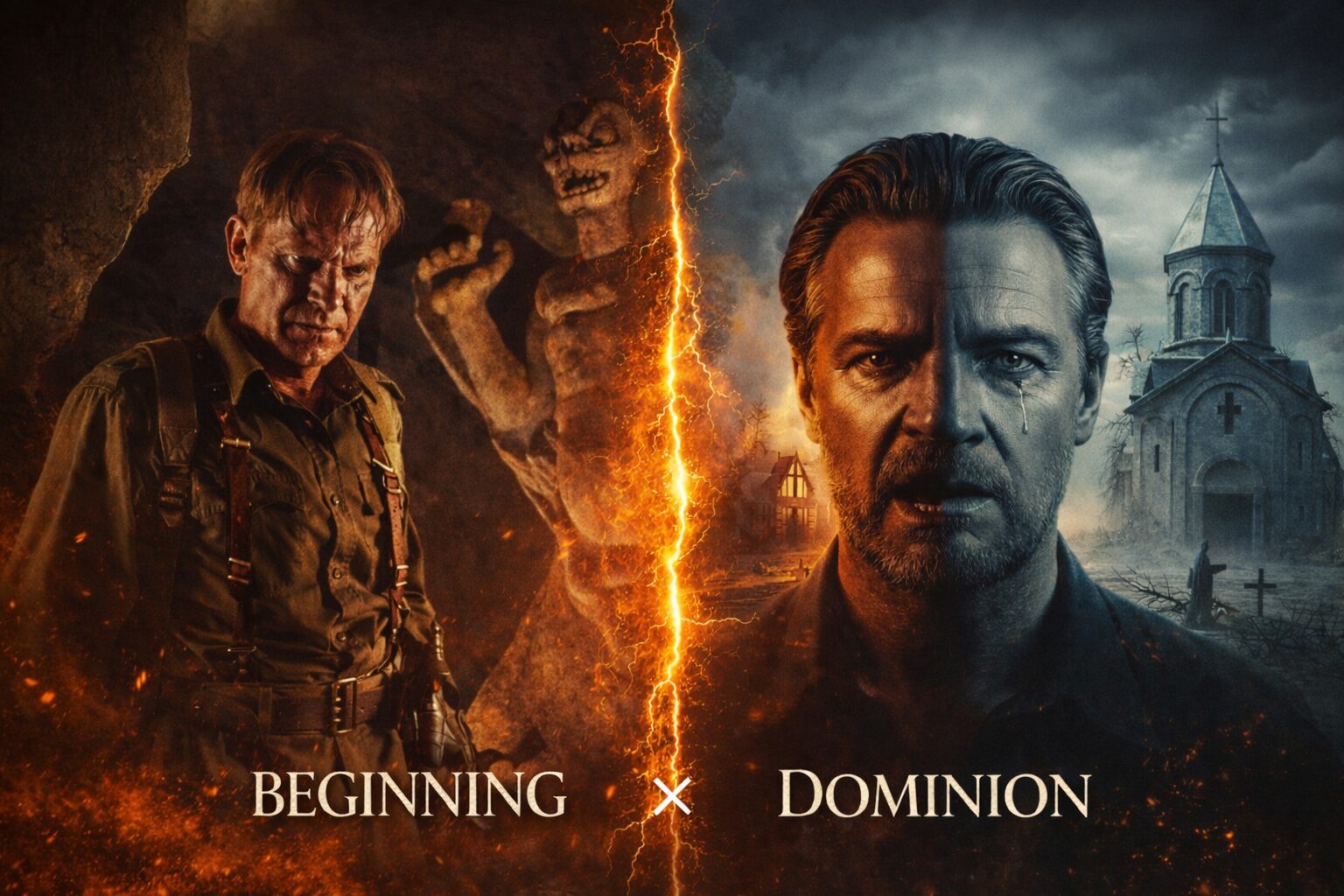 エクソシスト前日譚2作品を象徴するビジュアル。洞窟と悪魔像の前に立つ神父と、荒廃した教会を背にした神父の顔が稲妻で左右に分かれて描かれている比較イメージ。
