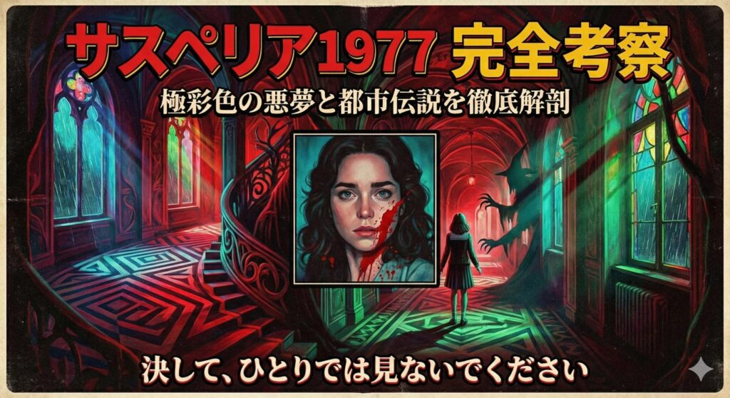 レトロな映画ポスター風のブログ記事アイキャッチ画像。赤と青の強烈な照明が当たる不気味な廊下を歩く少女の後ろ姿が中央に描かれている。その上に、女性の顔の肖像画が埋め込まれている。日本語のタイトルテキスト「サスペリア1977 完全考察」などが配置されている。