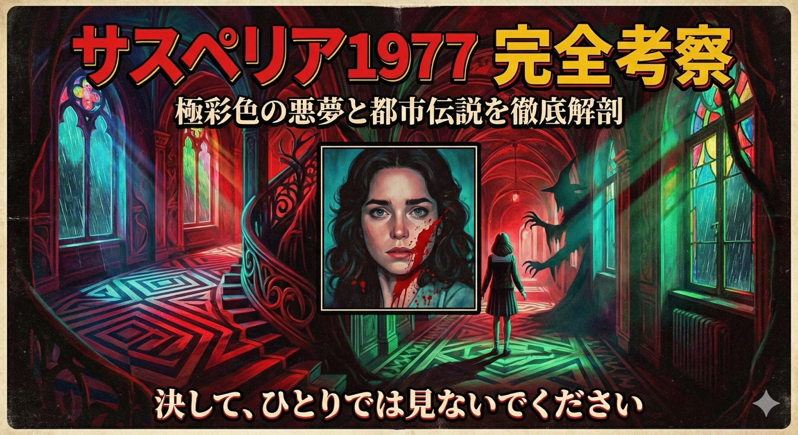 レトロな映画ポスター風のブログ記事アイキャッチ画像。赤と青の強烈な照明が当たる不気味な廊下を歩く少女の後ろ姿が中央に描かれている。その上に、女性の顔の肖像画が埋め込まれている。日本語のタイトルテキスト「サスペリア1977 完全考察」などが配置されている。