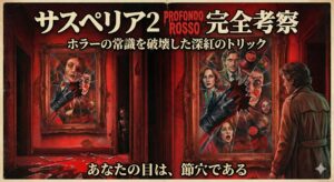 この画像は、「サスペリア2 完全考察 ホラーの常識を破壊した深紅のトリック」というタイトルが上部に表示されたレトロなポスターです。深紅に彩られた不気味な廊下で、主人公の男が割れた鏡を見つめており、鏡には黒手袋をした犯人と犠牲者たちの顔が映し出されています。下部には「あなたの目は、節穴である」というキャッチコピーが記されています。