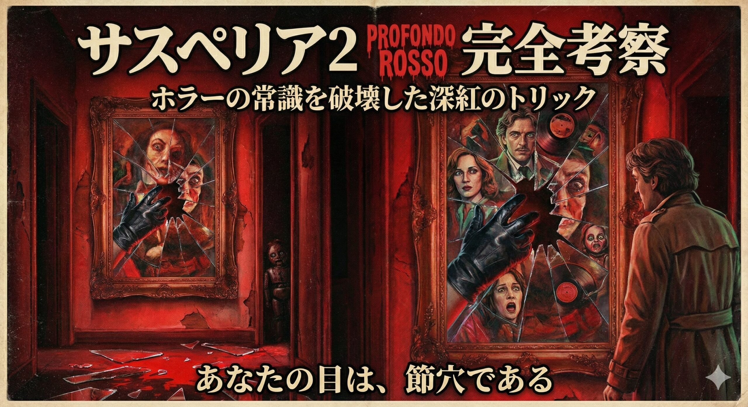 この画像は、「サスペリア2 完全考察 ホラーの常識を破壊した深紅のトリック」というタイトルが上部に表示されたレトロなポスターです。深紅に彩られた不気味な廊下で、主人公の男が割れた鏡を見つめており、鏡には黒手袋をした犯人と犠牲者たちの顔が映し出されています。下部には「あなたの目は、節穴である」というキャッチコピーが記されています。