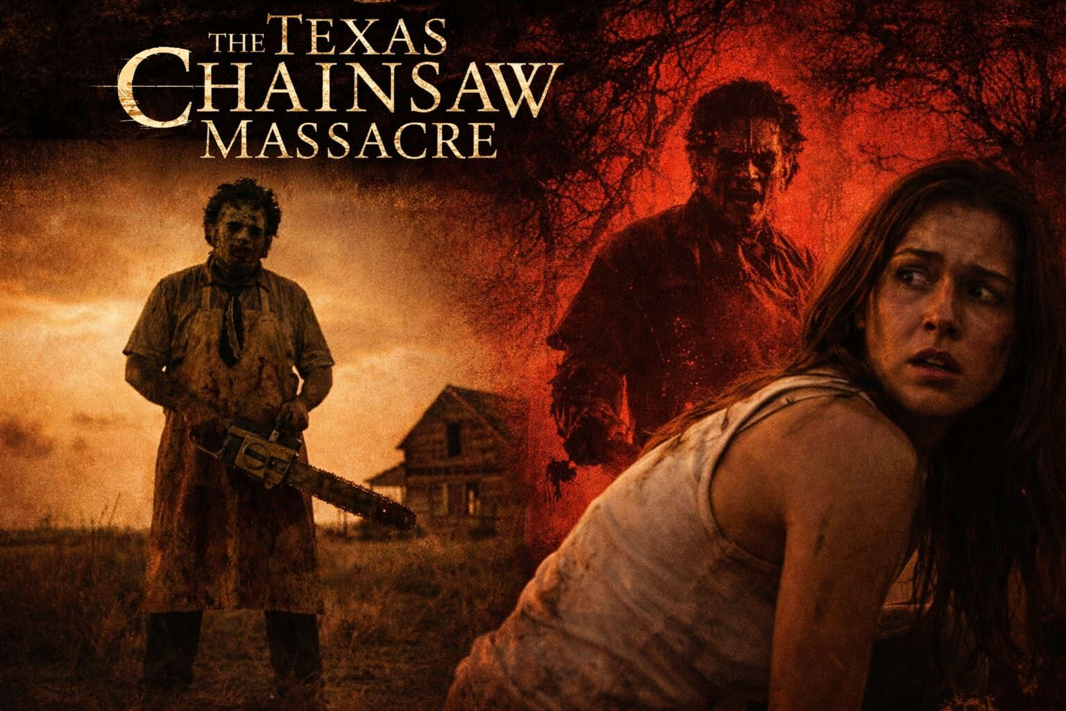 夕焼けの荒野に立つチェーンソーを持った大柄な男と、恐怖で振り向く女性を組み合わせたホラー風コラージュ画像。赤黒い背景に不気味なシルエットが重なり、1970年代風の粗いフィルム質感が緊張感を強調している。