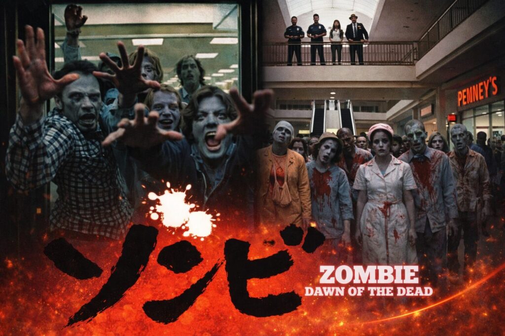 映画『ゾンビ（Dawn of the Dead／1978）』の名シーンを組み合わせたビジュアル。 ガラス越しに手を伸ばすゾンビ群と、ショッピングモール内を徘徊する大量のゾンビたちを描いた合成画像。