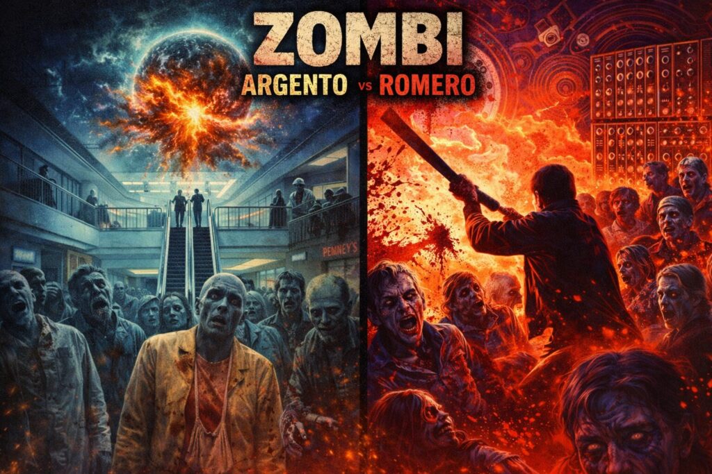 ロメロ版とアルジェント版を対比したゾンビ映画のイメージビジュアル。ショッピングモールに集まるゾンビと激しい戦闘シーンを左右に分けて表現したホラー風ポスター。