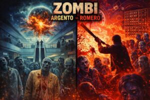 ロメロ版とアルジェント版を対比したゾンビ映画のイメージビジュアル。ショッピングモールに集まるゾンビと激しい戦闘シーンを左右に分けて表現したホラー風ポスター。
