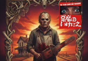 映画『悪魔のいけにえ』をモチーフにしたシネマティックなイラスト。夕日の赤に染まるテキサスの荒野を背景に、血に汚れたエプロン姿でチェンソーを持つ殺人鬼の姿。周囲は骨の装飾フレームで囲われ、右上には「悪魔のいけにえ」の日本語ロゴと犠牲者の目のアップがコラージュされている。