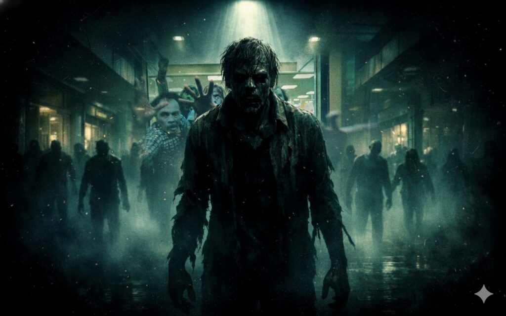 薄暗いショッピングモールの通路でスポットライトを浴びるゾンビと背後に蠢く無数の死者の群れ