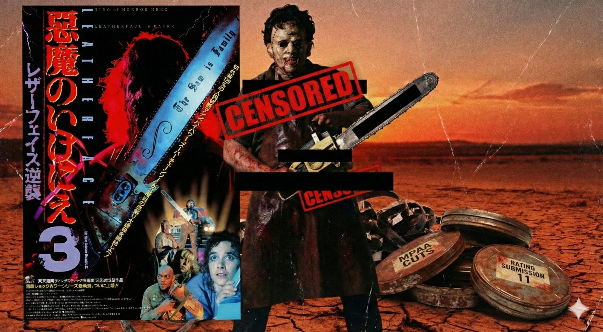 左側に1991年日本公開時の劇場ポスター、右側に検閲やMPAAによるカットを象徴する墨塗りとフィルム缶に囲まれたレザーフェイスを配した、映画「悪魔のいけにえ3 レザーフェイス逆襲」の深掘り解説用アイキャッチ画像。