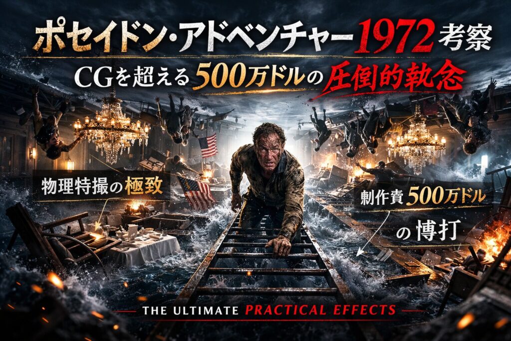 嵐の海で転覆した豪華客船の内部を舞台に、はしごを必死に登る男性を中心に描いた映画ポスター風ビジュアル。シャンデリアや家具が逆さに浮かび、水が流れ込む船内で混乱する人々の姿が広がり、1972年の映画ポセイドン・アドベンチャーの制作費500万ドルと物理特撮の迫力を強調したデザイン。