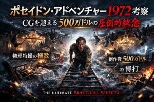 嵐の海で転覆した豪華客船の内部を舞台に、はしごを必死に登る男性を中心に描いた映画ポスター風ビジュアル。シャンデリアや家具が逆さに浮かび、水が流れ込む船内で混乱する人々の姿が広がり、1972年の映画ポセイドン・アドベンチャーの制作費500万ドルと物理特撮の迫力を強調したデザイン。