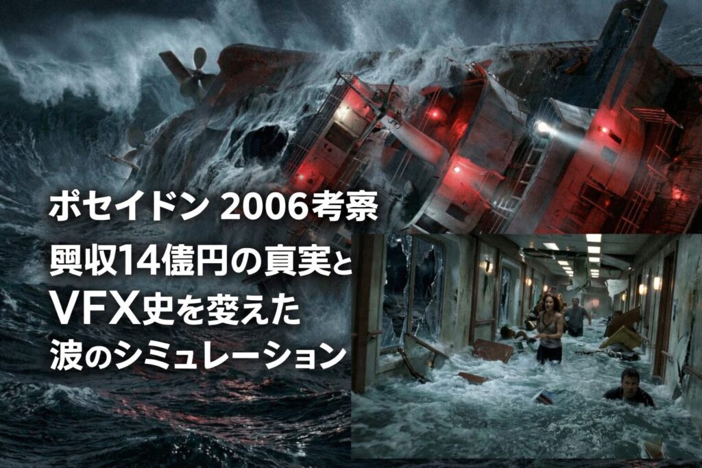 ポセイドン（2006）の沈没シーンを描いたアイキャッチ画像。荒れ狂う巨大な波に飲み込まれる豪華客船と、船内に流れ込む水の中を必死に逃げる乗客たちの姿が対比されている。画面左には「ポセイドン2006考察 興収14億円の真実とVFX史を変えた波のシミュレーション」というテキストが大きく配置され、映画の迫力とテーマを強く印象づける構図。