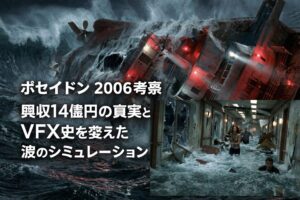 ポセイドン（2006）の沈没シーンを描いたアイキャッチ画像。荒れ狂う巨大な波に飲み込まれる豪華客船と、船内に流れ込む水の中を必死に逃げる乗客たちの姿が対比されている。画面左には「ポセイドン2006考察 興収14億円の真実とVFX史を変えた波のシミュレーション」というテキストが大きく配置され、映画の迫力とテーマを強く印象づける構図。