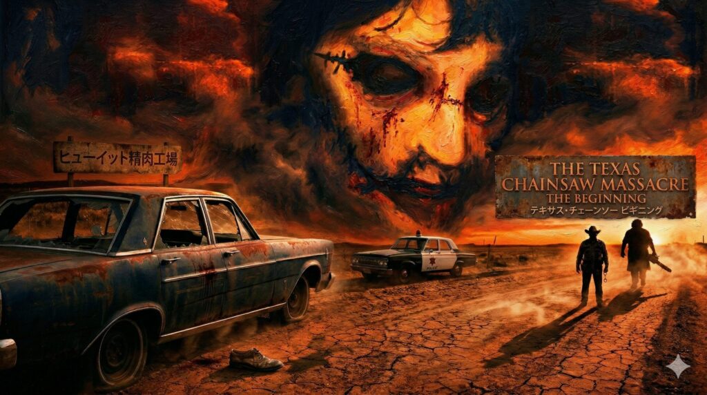 映画「テキサス・チェーンソー ビギニング」のポスター画像。炎の中に浮かぶ不気味なレザーフェイスの顔が上部に描かれ、下部には乾燥した荒野に錆びた車、パトカー、そしてカウボーイハットの男性とチェーンソーを持つ男性のシルエットが並んでいます。右側の金属プレートには、英語と日本語で映画タイトル「THE TEXAS CHAINSAW MASSACRE THE BEGINNING」と「テキサス・チェーンソー ビギニング」が記されています。