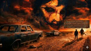 映画「テキサス・チェーンソー ビギニング」のポスター画像。炎の中に浮かぶ不気味なレザーフェイスの顔が上部に描かれ、下部には乾燥した荒野に錆びた車、パトカー、そしてカウボーイハットの男性とチェーンソーを持つ男性のシルエットが並んでいます。右側の金属プレートには、英語と日本語で映画タイトル「THE TEXAS CHAINSAW MASSACRE THE BEGINNING」と「テキサス・チェーンソー ビギニング」が記されています。