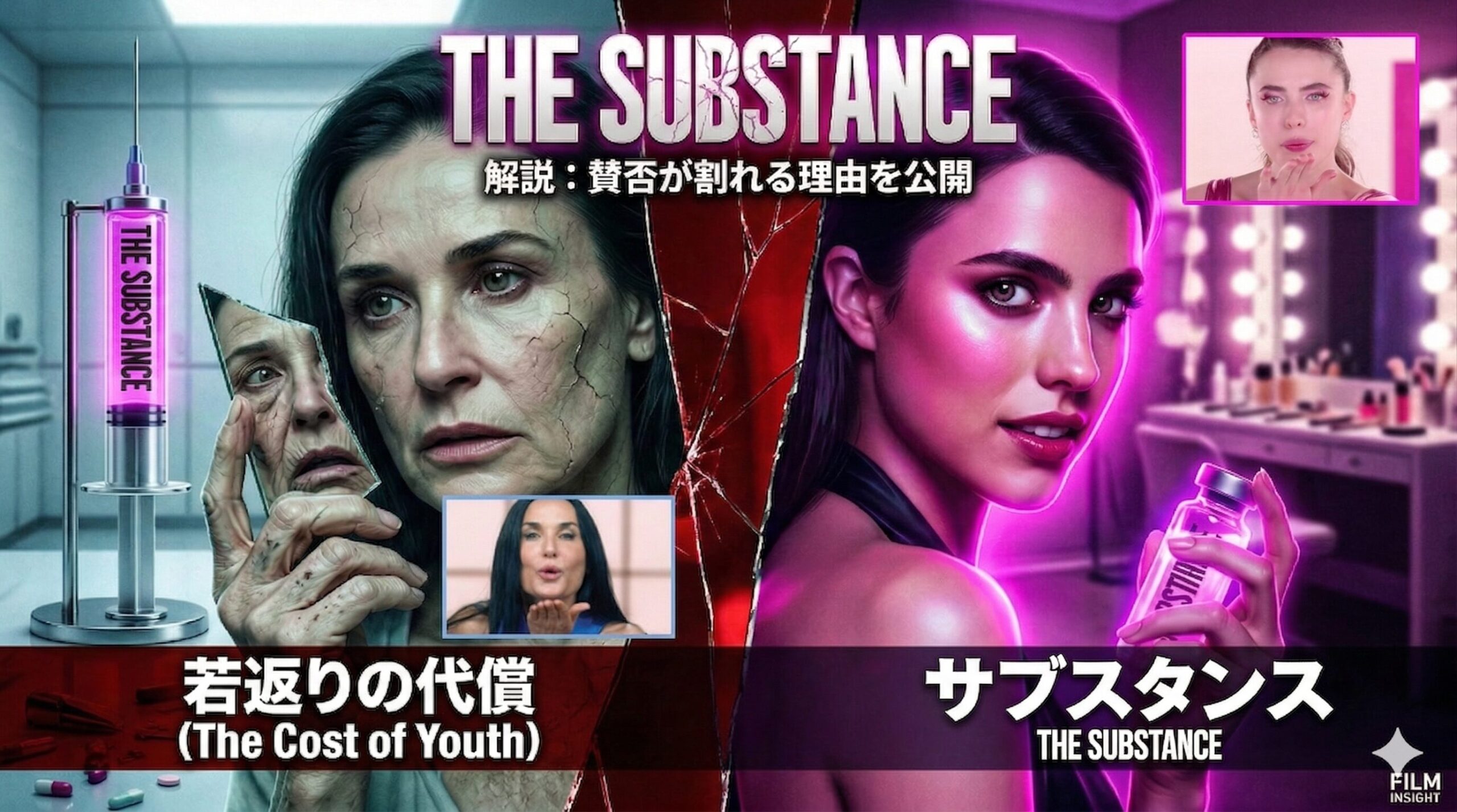スプリットスクリーン映画『サブスタンス』解説アイキャッチ。中央の赤い亀裂が若さと老いを分断。左側:青白い光の老いたデミ・ムーアが「若返りの代償」と鏡に映る歪んだ自分を見つめる。右側:ネオンピンク光の若いマーガレット・クアリーが「デミ・ムーア復活の衝撃」と薬品瓶を手にPredatoryな笑顔を見せる。中央にタイトル「THE SUBSTANCE」とサブタイトル。