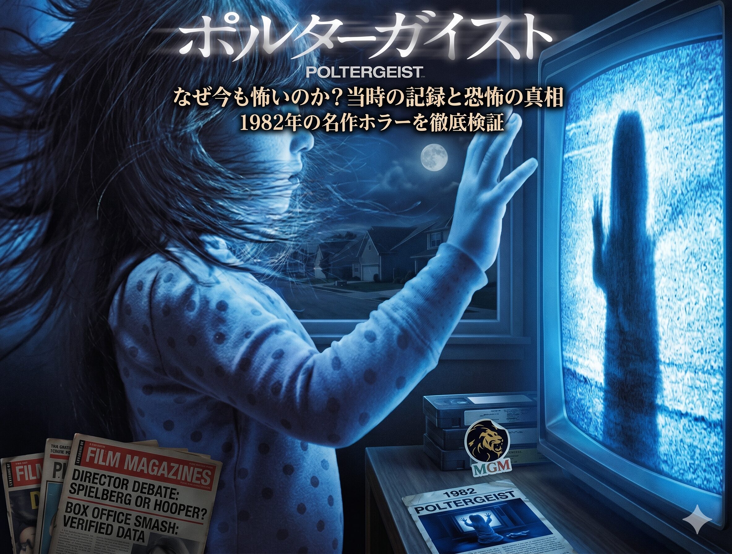 映画ポルターガイストの解説記事用アイキャッチ画像。テレビの砂嵐に手を触れる少女と夜の住宅街を背景に、なぜ今も怖いのか？当時の記録と恐怖の真相というテキストが配置されたデザイン。