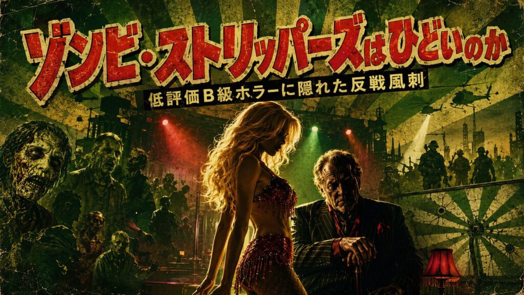 ゾンビ・ストリッパーズの低評価や反戦風刺をテーマにした、緑がかったB級ホラー映画風のアイキャッチ画像。中央に妖しい女性ダンサーと不気味なクラブ経営者、背景にゾンビや兵士の影が描かれている。