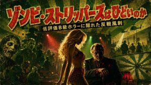 ゾンビ・ストリッパーズの低評価や反戦風刺をテーマにした、緑がかったB級ホラー映画風のアイキャッチ画像。中央に妖しい女性ダンサーと不気味なクラブ経営者、背景にゾンビや兵士の影が描かれている。