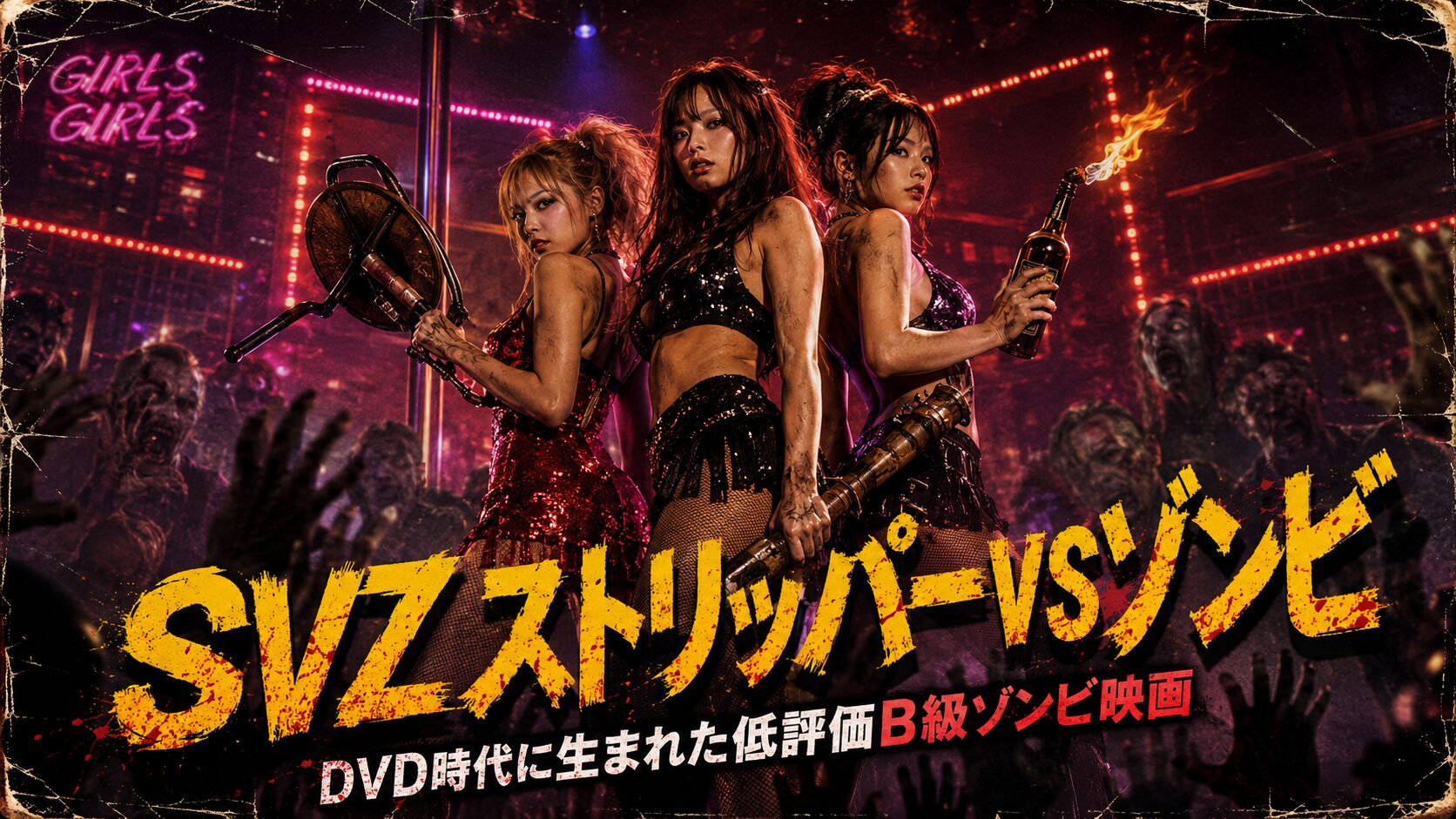 SVZ ストリッパーVSゾンビのアイキャッチ画像。ネオンが光るストリップクラブ風の舞台で、3人の女性が即席武器を手に立ち、周囲をゾンビたちが取り囲む、DVD時代のB級ホラー風デザイン。