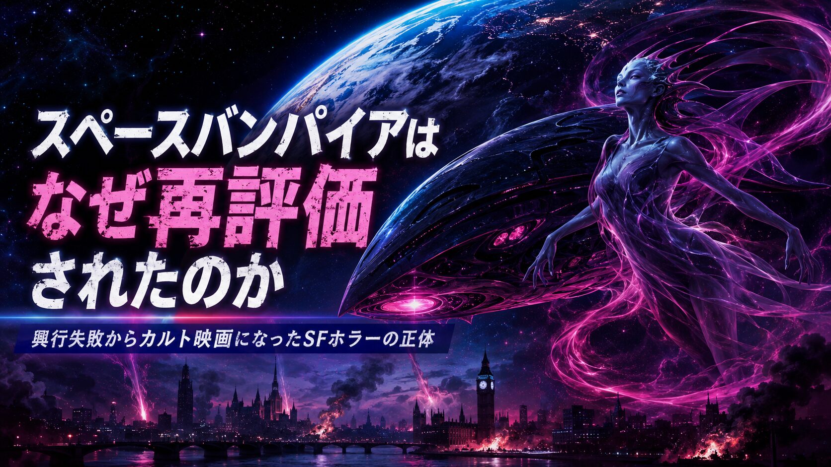 スペースバンパイアの再評価をテーマに、地球を背景にした宇宙船と紫色の生命エネルギー、崩壊する都市を描いたSFホラー風アイキャッチ画像。