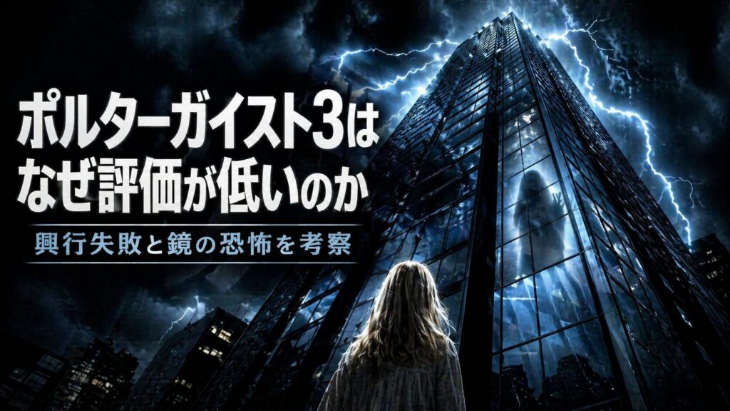 夜の高層ビルを見上げる少女と青白い稲妻で、ポルターガイスト3の評価と鏡の恐怖を表現したアイキャッチ画像