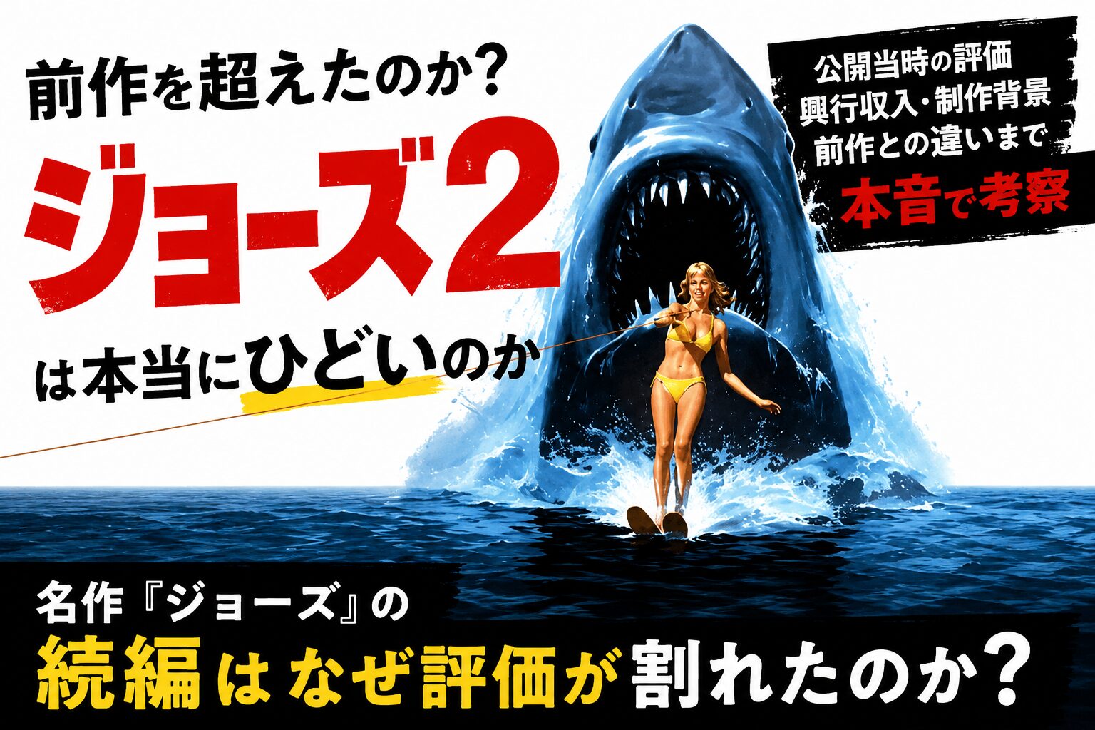 巨大なサメが口を開けて迫る中、水上スキーをする女性を描いたジョーズ2風の映画考察ブログ用アイキャッチ画像。赤と黒の大きな文字で前作比較や評価を強調したレトロ映画ポスター風デザイン。