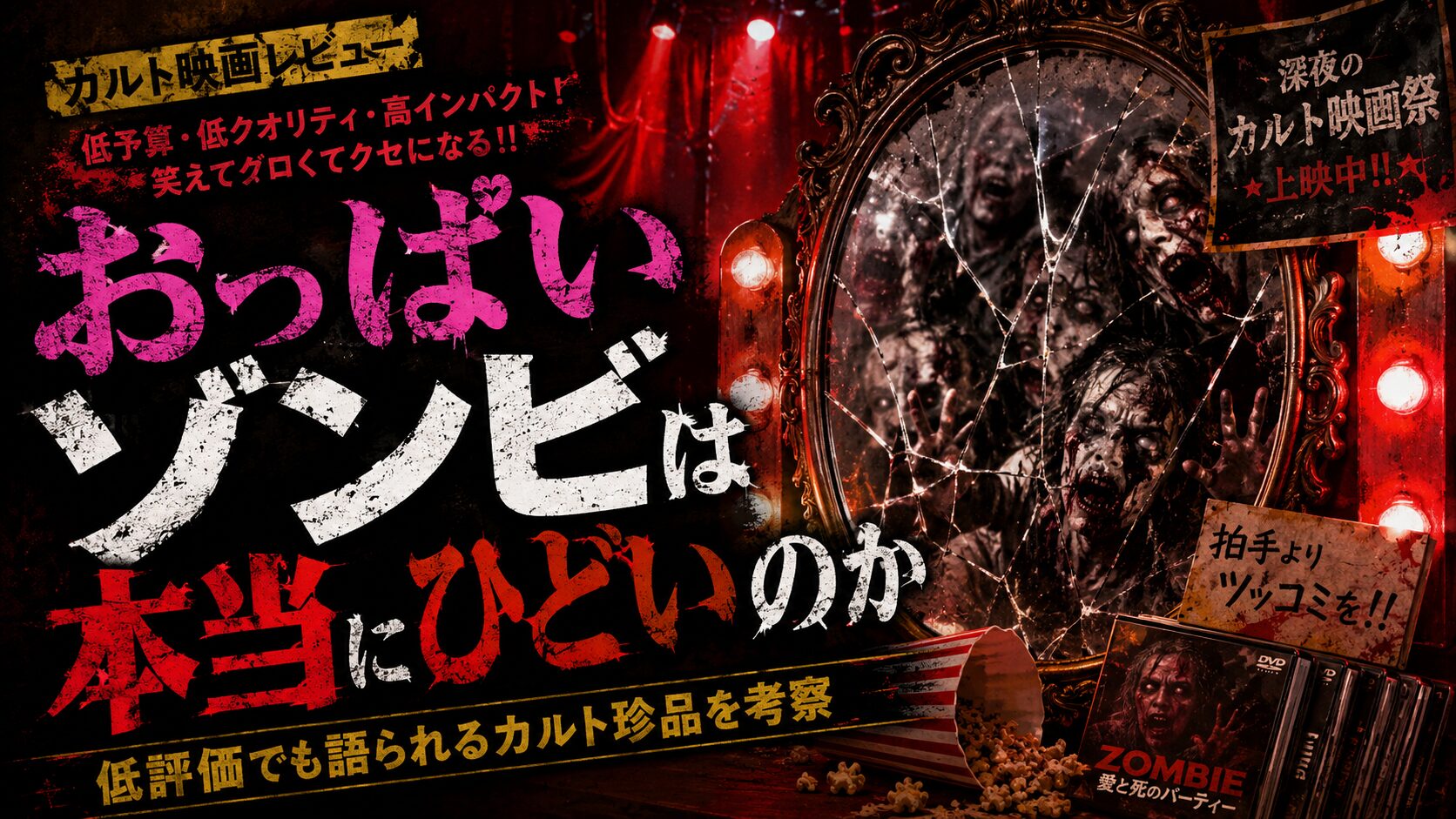 おっぱいゾンビは本当にひどいのかを考察するホラー映画レビュー用アイキャッチ画像。赤黒い背景に割れた鏡とゾンビの影が映り、低評価でも語られるカルトB級映画の雰囲気を表現している。
