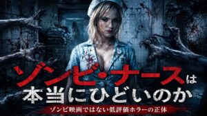 病院の廃墟を背景に、青白い看護師風の女性と伸びる手を描いたゾンビ・ナース考察記事のアイキャッチ画像