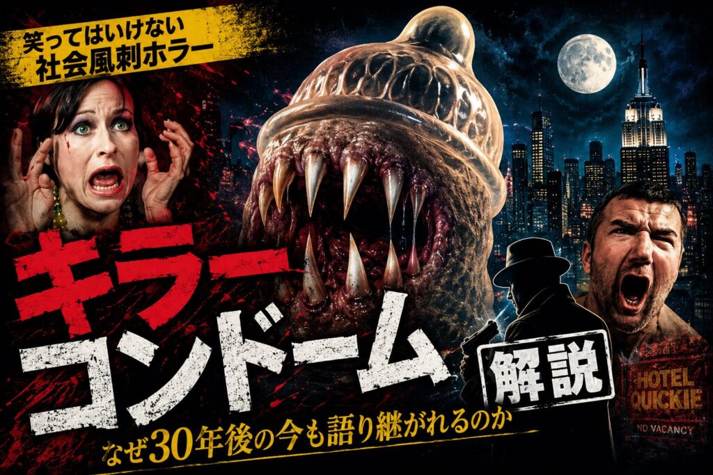 キラーコンドーム解説のアイキャッチ画像。牙を持つ巨大なコンドーム型モンスターがニューヨークの夜景を背景に出現し、恐怖に叫ぶ人々と刑事のシルエットが描かれた社会風刺ホラー映画の考察ビジュアル。