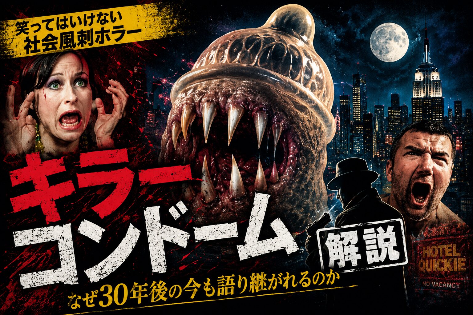 キラーコンドーム解説のアイキャッチ画像。牙を持つ巨大なコンドーム型モンスターがニューヨークの夜景を背景に出現し、恐怖に叫ぶ人々と刑事のシルエットが描かれた社会風刺ホラー映画の考察ビジュアル。