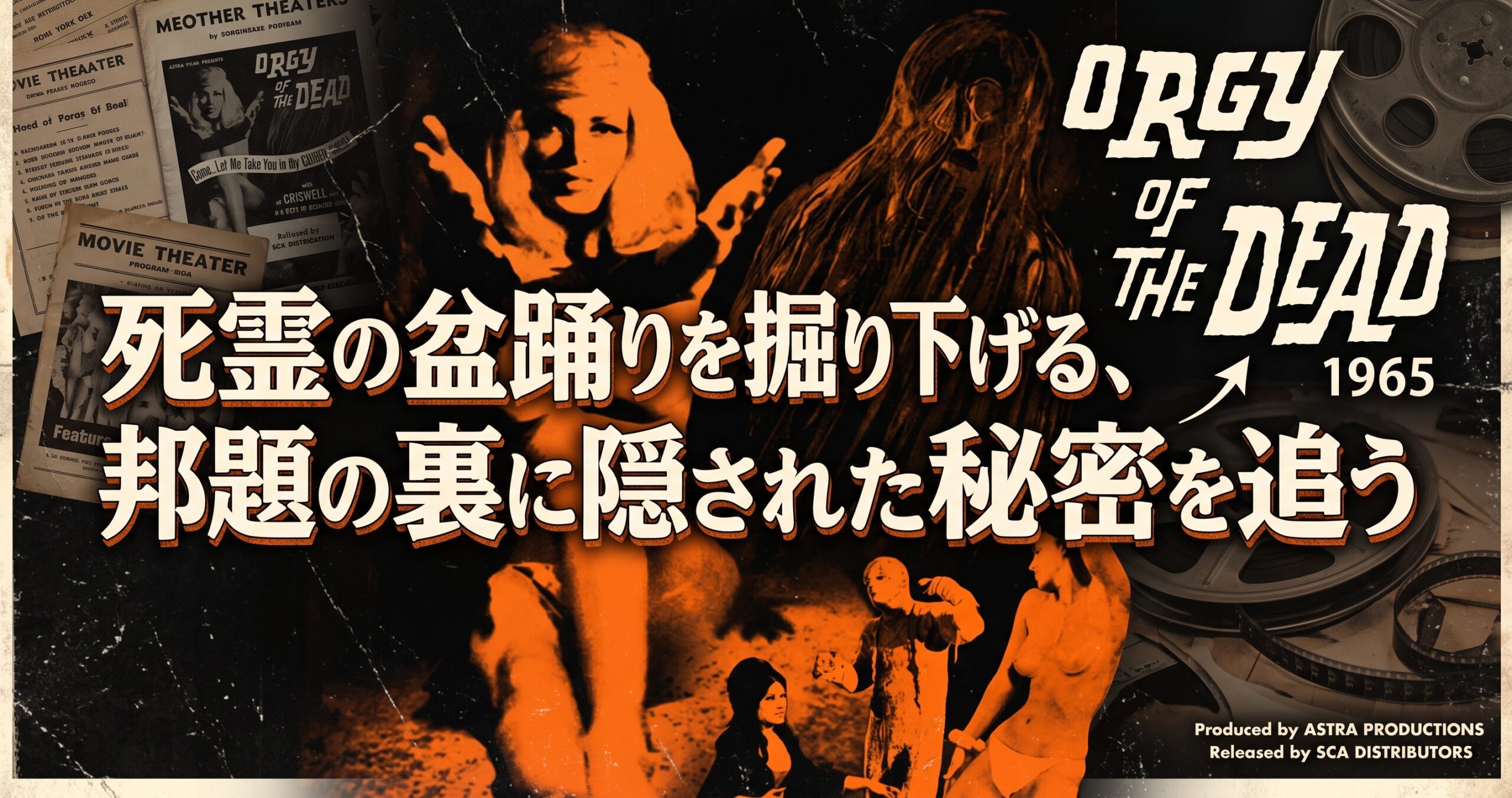 「映画『死霊の盆踊り』のヴィンテージポスターをフィーチャーし、日本語の比較タイトル『死霊の盆踊りを掘り下げる、邦題の裏に隠された、もうひとつの物語』を配置。リメイクの継承と変更を分析するアイキャッチ画像。」