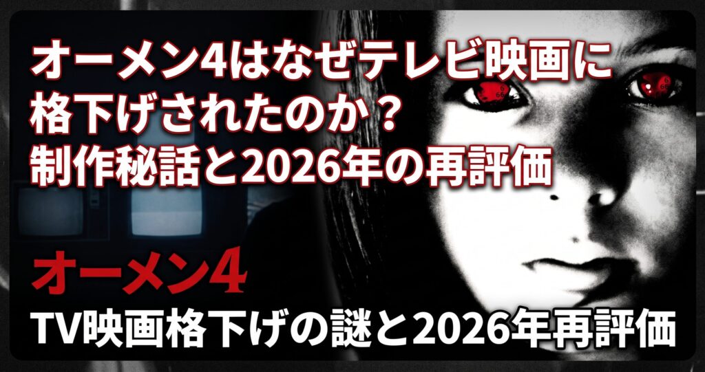 「『オーメン4はなぜテレビ映画に格下げされたのか？ 制作秘話と2026年の再評価』。映画のキービジュアル、設計図、『ARMY OF DARKNESS』のポスター、赤目の女性を組み合わせたアイキャッチ画像。」