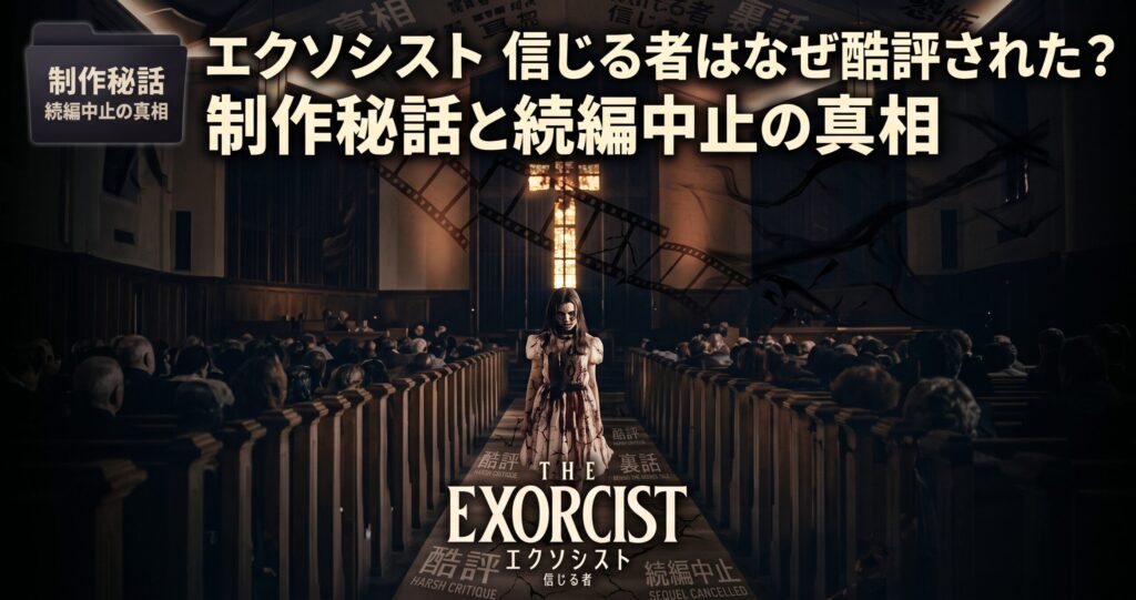 「映画『エクソシスト 信じる者』の酷評、制作秘話、続編中止について分析するアイキャッチ画像。憑依された少女、映画ロゴ、そして『酷評』、『裏話』、『続編中止』などのラベルを背景に、日本語タイトル『エクソシスト 信じる者はなぜ酷評された？ 制作秘話と続編中止の真相』を配置。」
