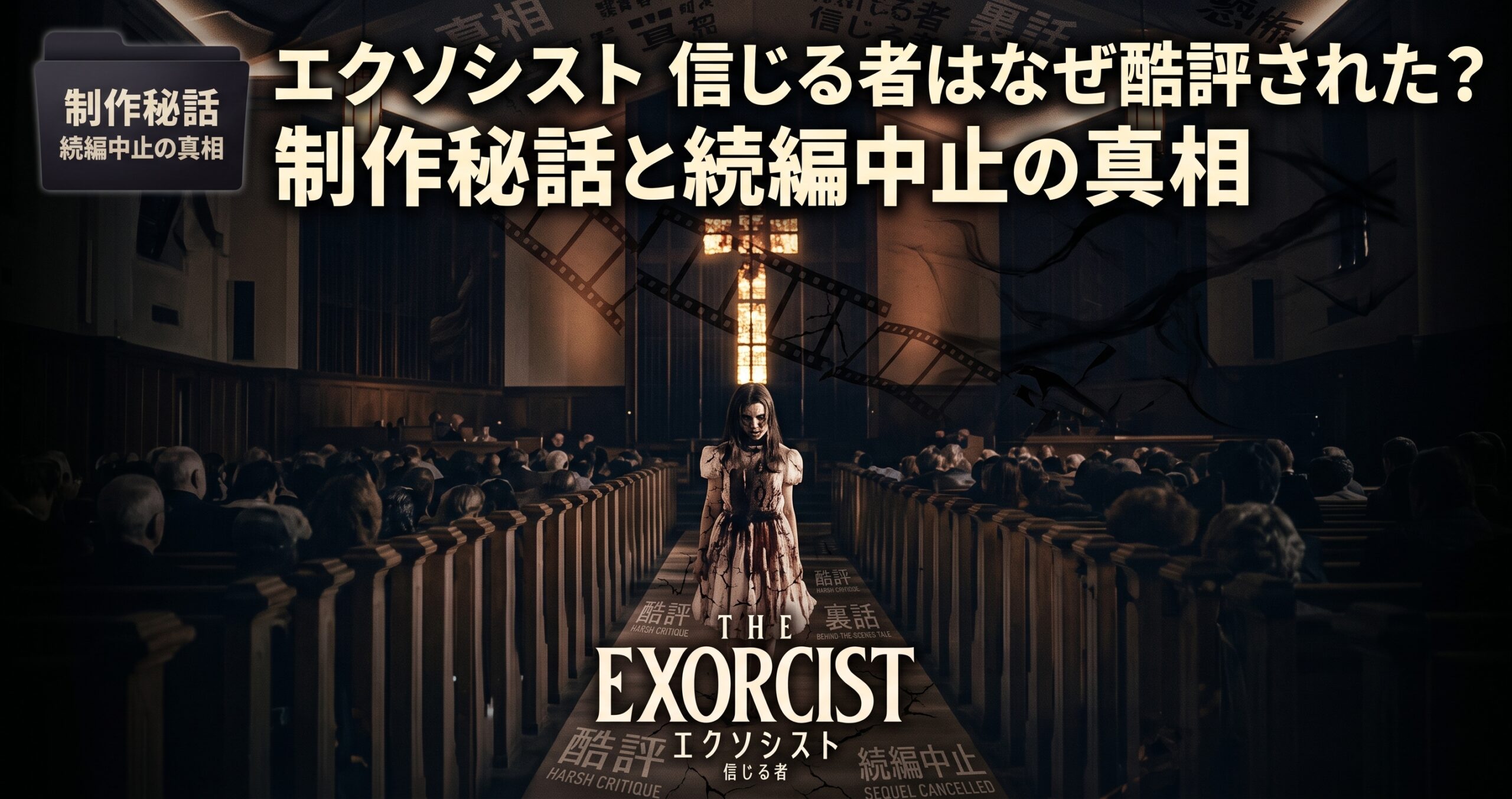 「映画『エクソシスト 信じる者』の酷評、制作秘話、続編中止について分析するアイキャッチ画像。憑依された少女、映画ロゴ、そして『酷評』、『裏話』、『続編中止』などのラベルを背景に、日本語タイトル『エクソシスト 信じる者はなぜ酷評された? 制作秘話と続編中止の真相』を配置。」