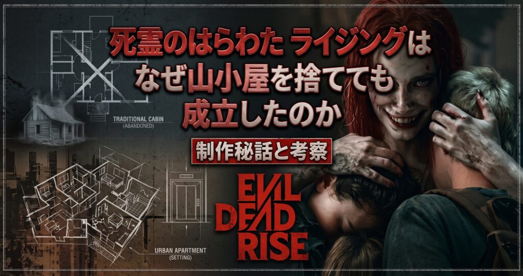 「『死霊のはらわた ライジングはなぜ山小屋を捨てても成立したのか 制作秘話と考察』。映画のキービジュアルと、山小屋からアパートへの舞台変更を示す設計図を組み合わせたアイキャッチ画像。」