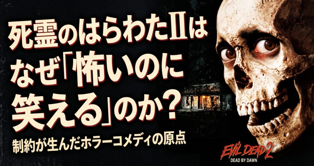 「『死霊のはらわたIIはなぜ「怖いのに笑える」のか？ 制約が生んだホラーコメディの原点』。ぎょろ目のドクロと森の小屋が不気味にたたずむ、映画『死霊のはらわたII』のキービジュアル。」
