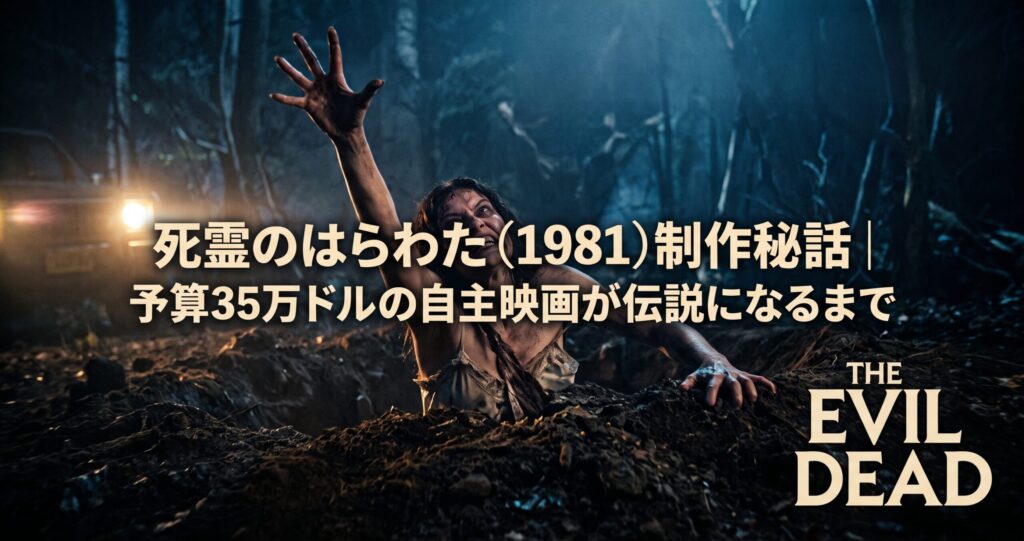 「映画『死霊のはらわた（1981）』をテーマにした画像。夜の暗い森の中で、土の中から土まみれの女性が這い出ようと、必死の形相で手を伸ばしている。左奥には車のヘッドライトが不気味に光り、彼女を照らしている。画面中央には大きな日本語のタイトルテキストが配置され、右下には『THE EVIL DEAD』のロゴが配置されている。」