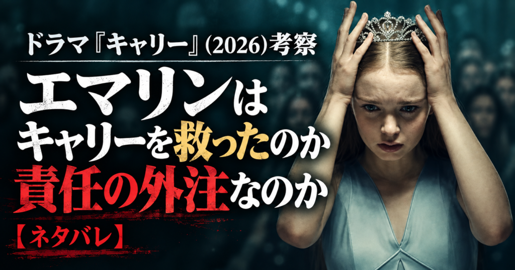 ティアラに両手を添えた女性と、エマリンはキャリーを救ったのか、責任の外注なのかという問いを配置したドラマ『キャリー』考察記事のアイキャッチ画像