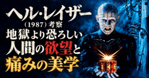 光るパズルボックスを持つピンヘッドと、人間の欲望と痛みの美学の文字を配置した『ヘル・レイザー』（1987）考察記事のアイキャッチ画像